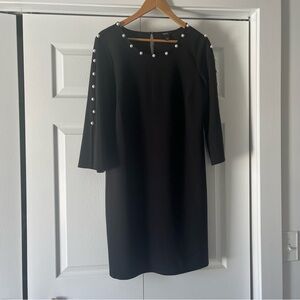 MSK black dress with white faux pearls around neck and down the arms Size L